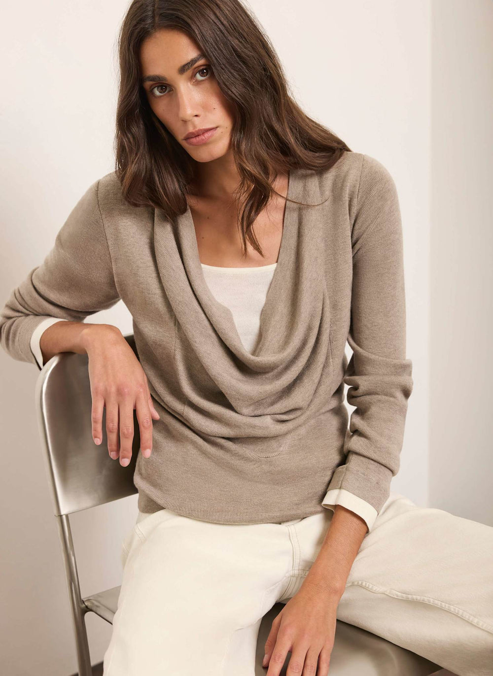 Neutral Cowl Neck Layered Knit Top