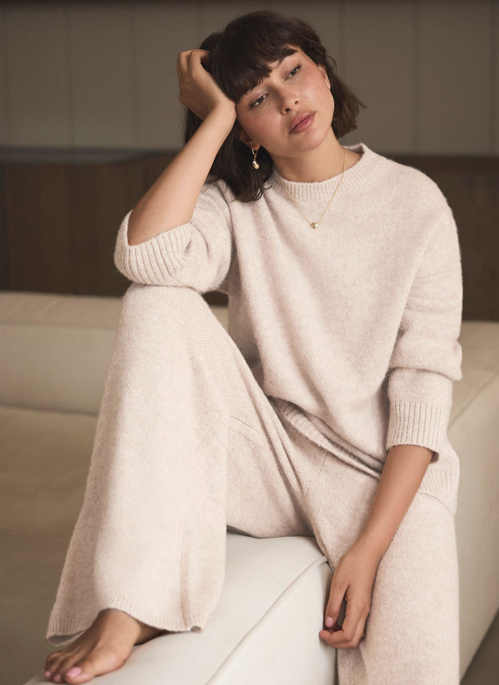 Neutral Wool Blend Longline Knit Jumper