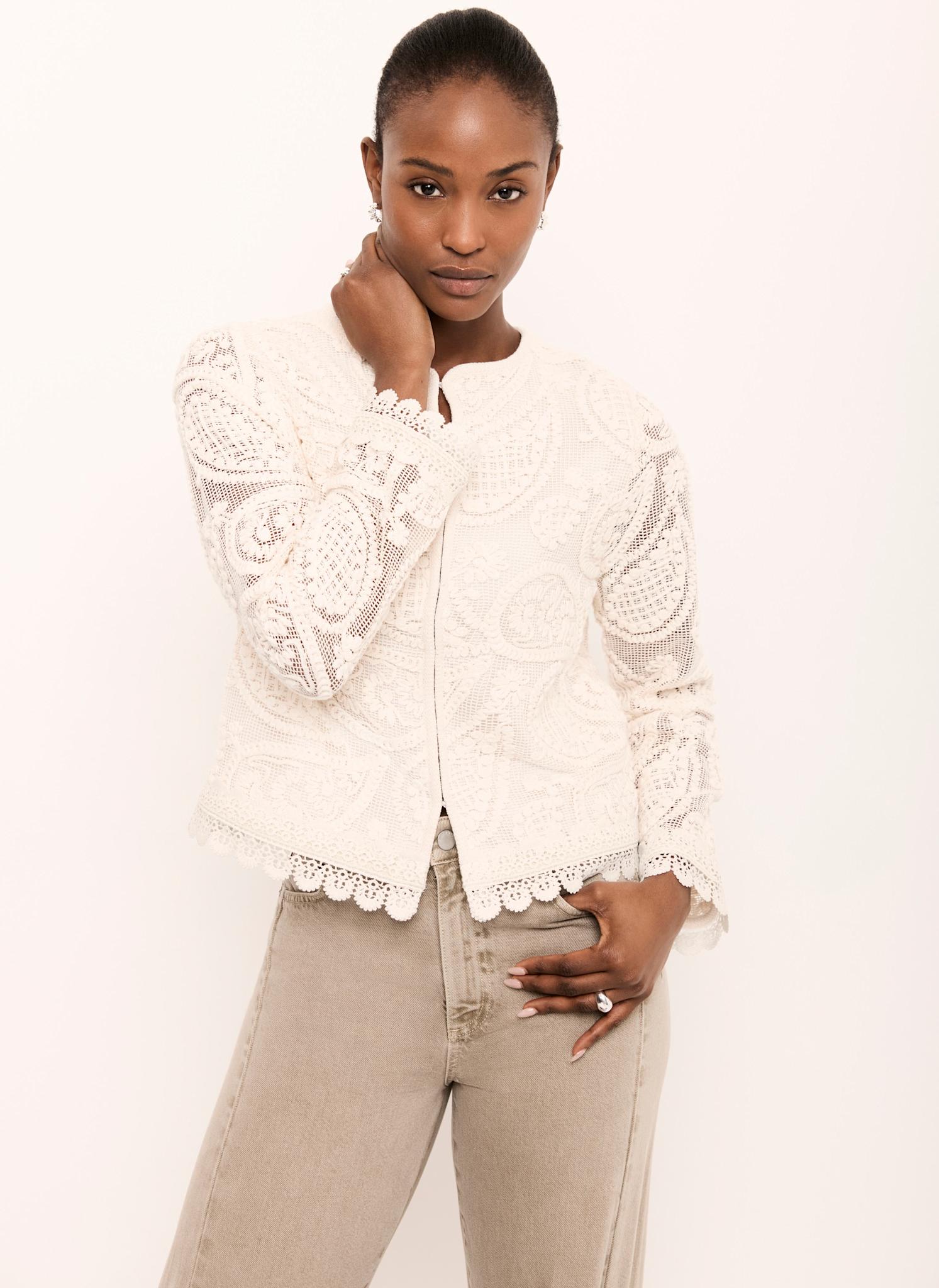 ARGUE MAILLE BLANCHE LINEN JACKETベージュレア‼️ Neutral Crochet Paisley Jacket – Mint Velvet