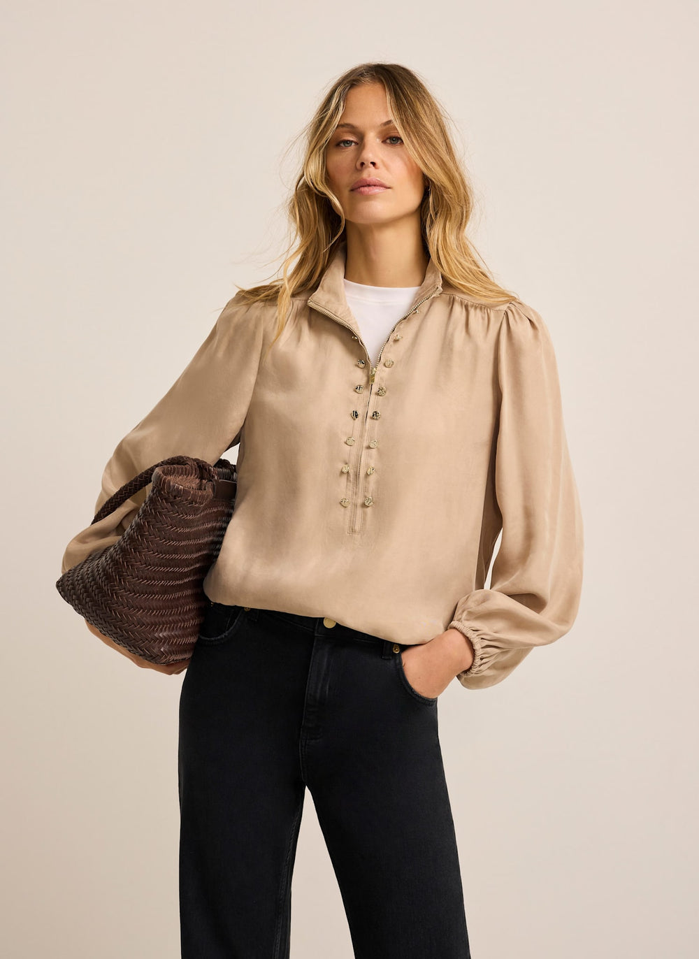 Neutral Zip Detail Bomber Blouse