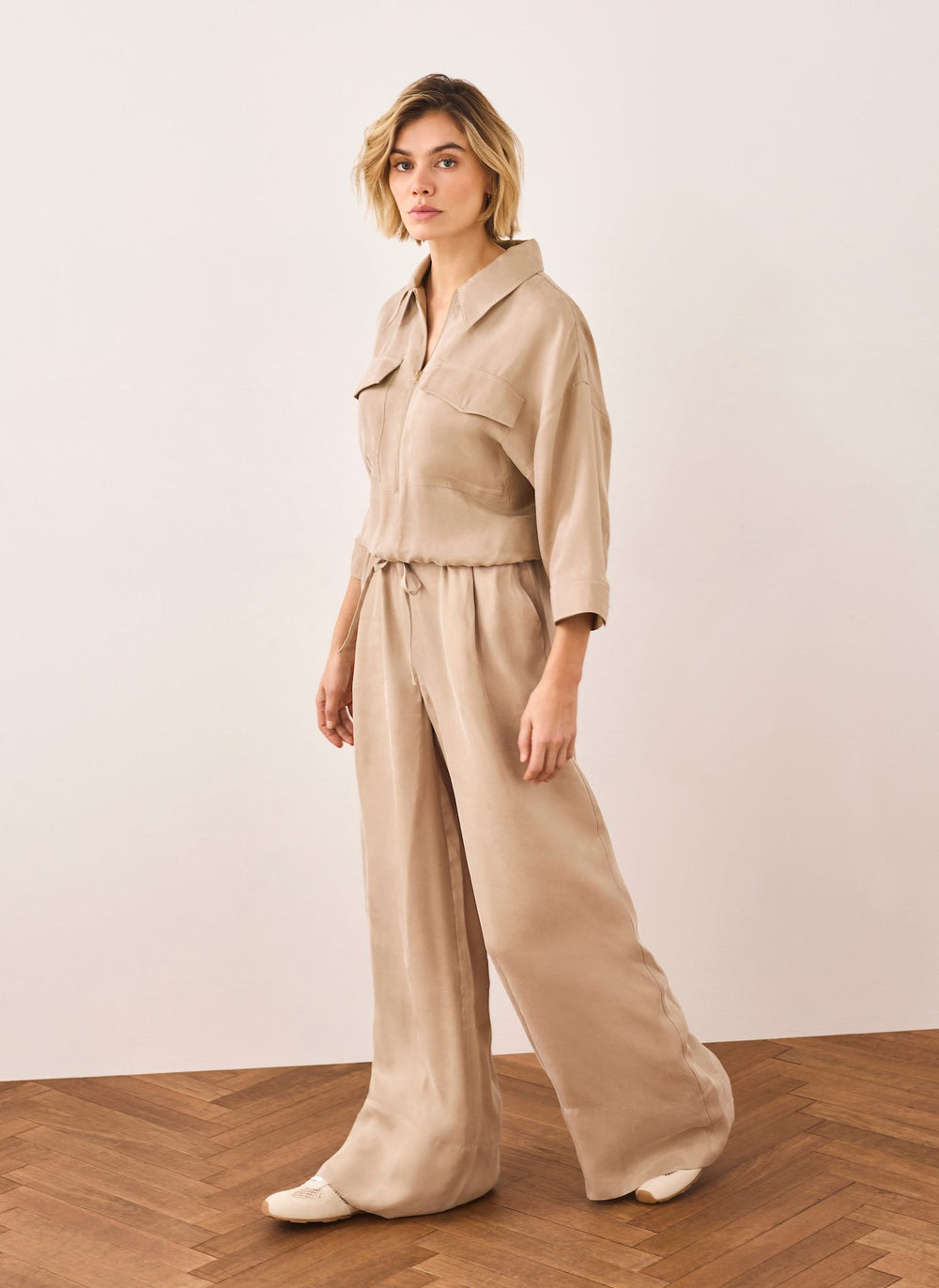 Neutral Drawstring Wide Leg Trousers