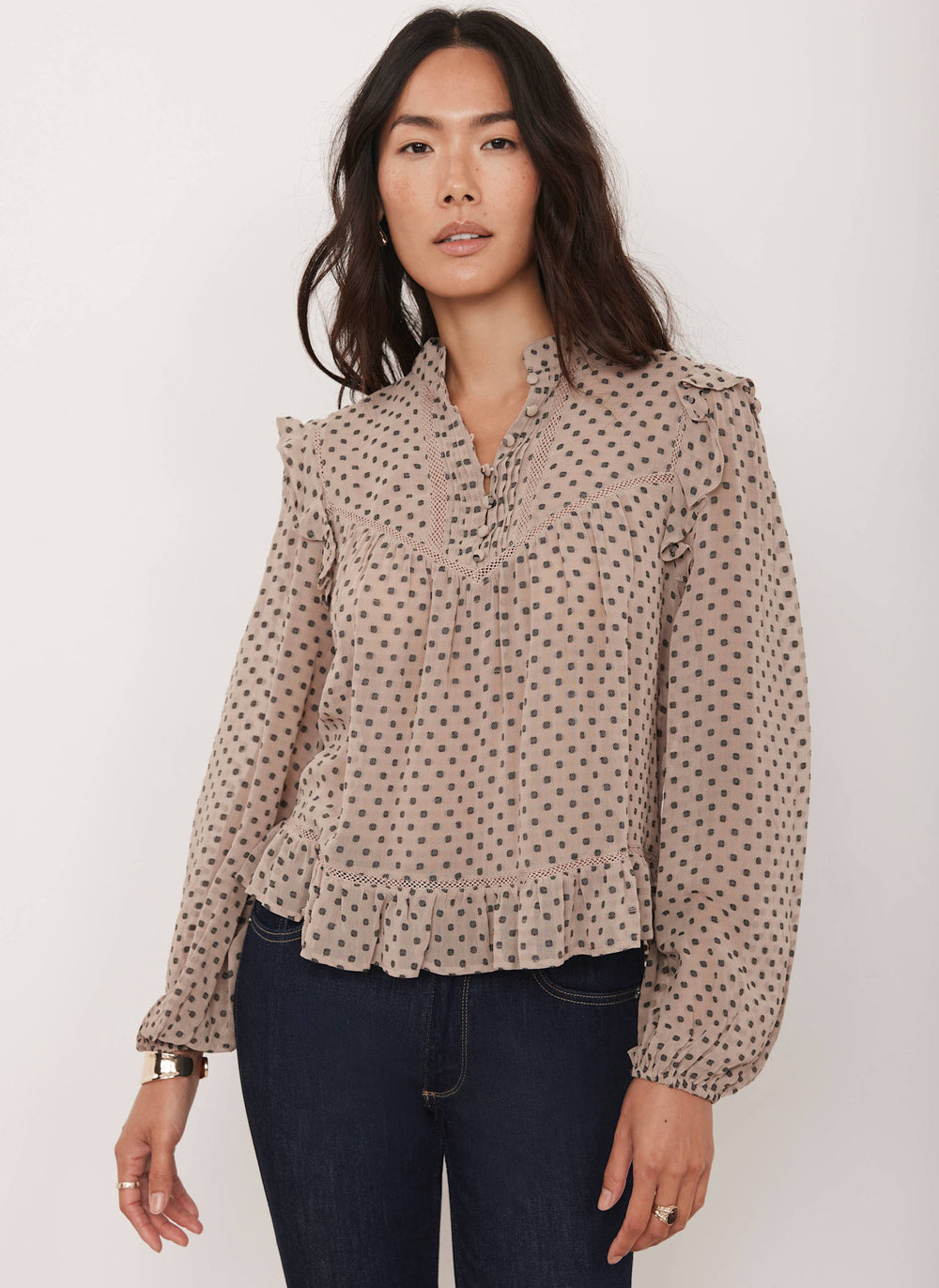 Neutral Jacquard Polka Dot Blouse