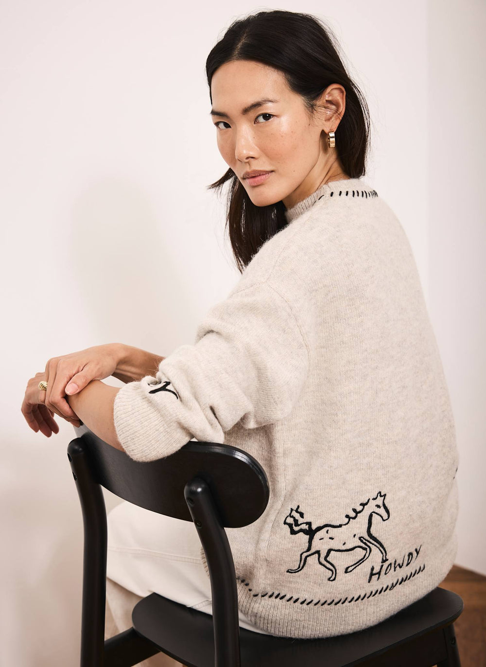 Neutral Embroidered Wool Blend Jumper