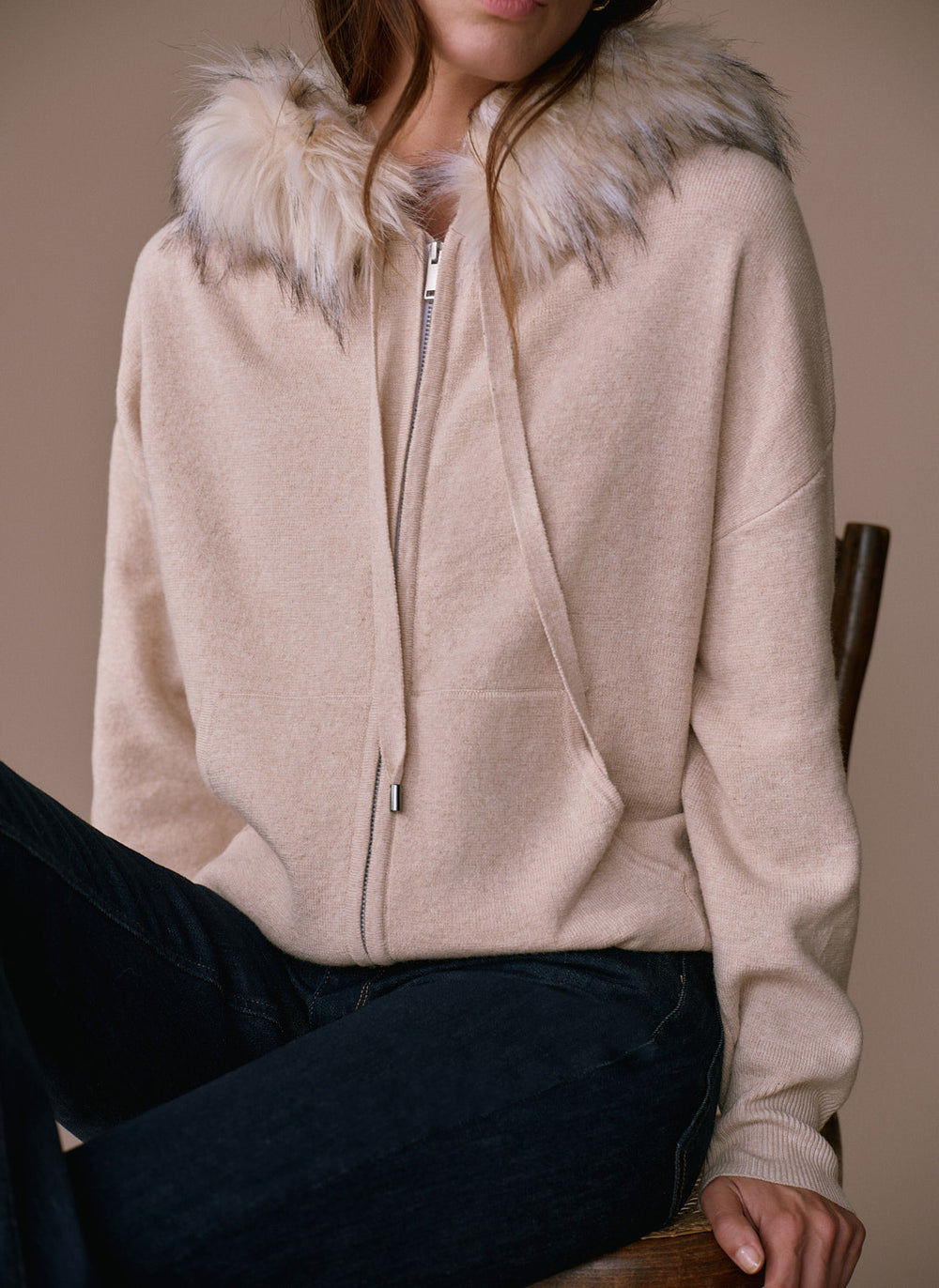 Neutral Faux Fur Trim Cotton Blend Hoodie – Mint Velvet