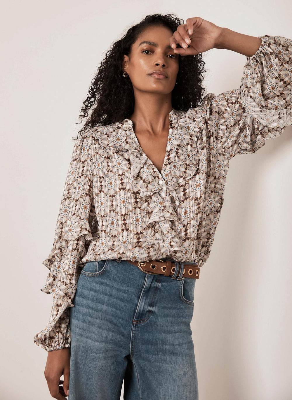 Neutral Print Ruffle Blouse