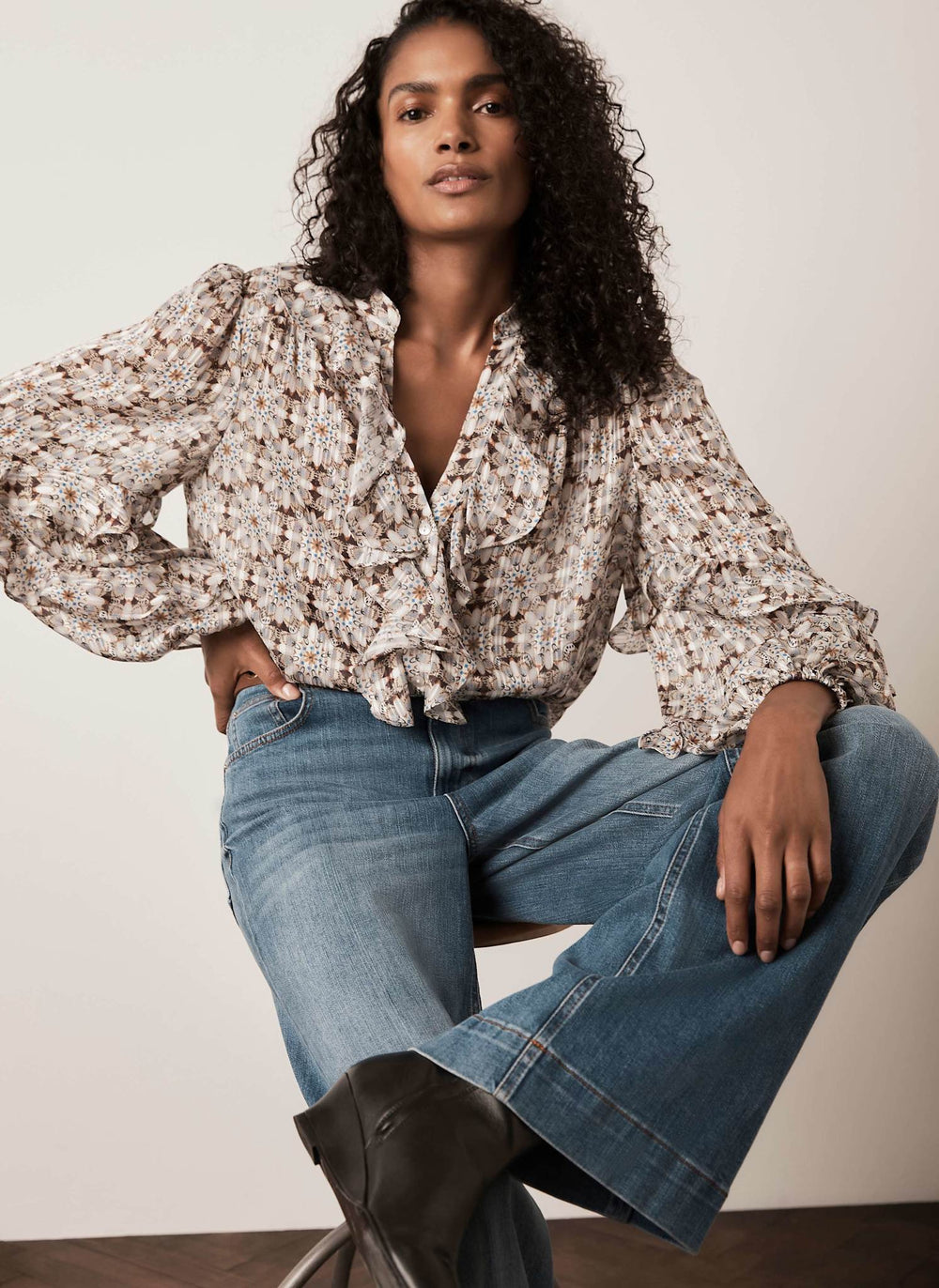 Neutral Print Ruffle Blouse