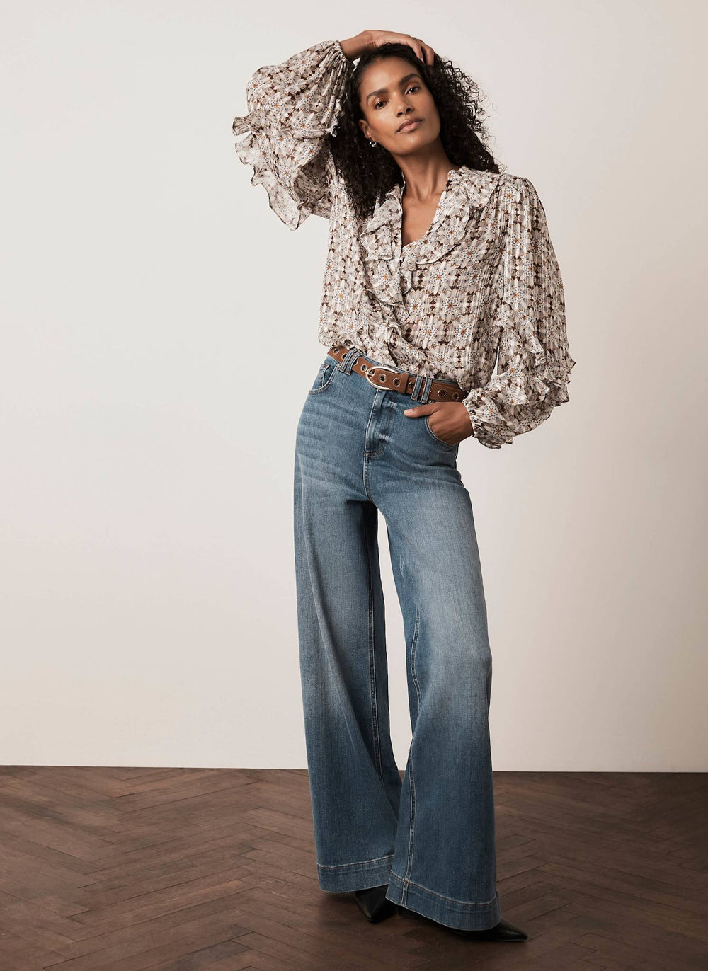 Neutral Print Ruffle Blouse