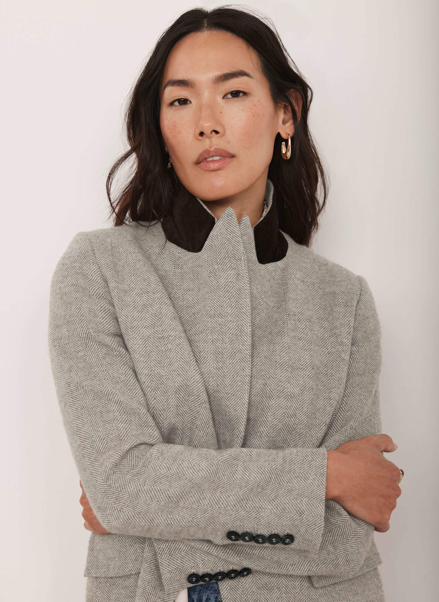 Neutral Herringbone Single Breasted Blazer – Mint Velvet