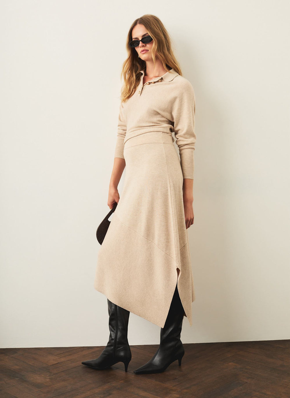 Neutral Knitted Asymmetric Hem Midi Dress