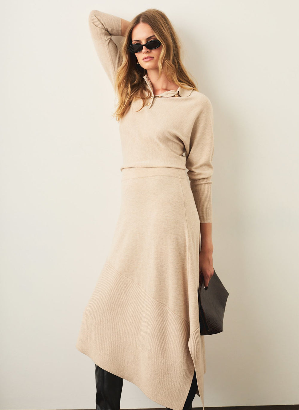 Neutral Knitted Asymmetric Hem Midi Dress