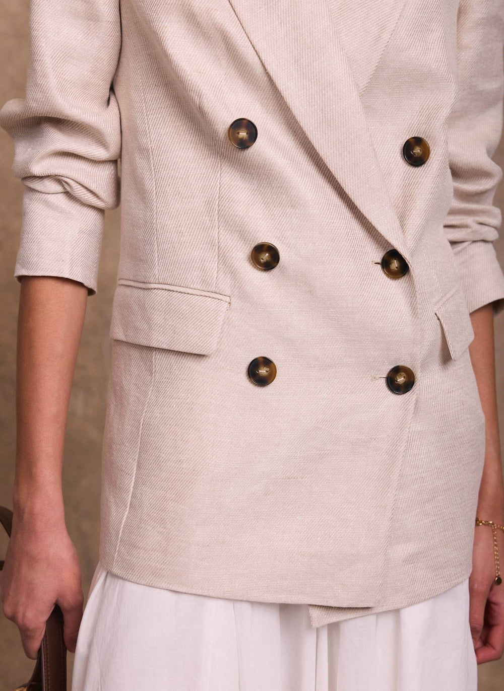 Neutral Linen Double Breasted Blazer