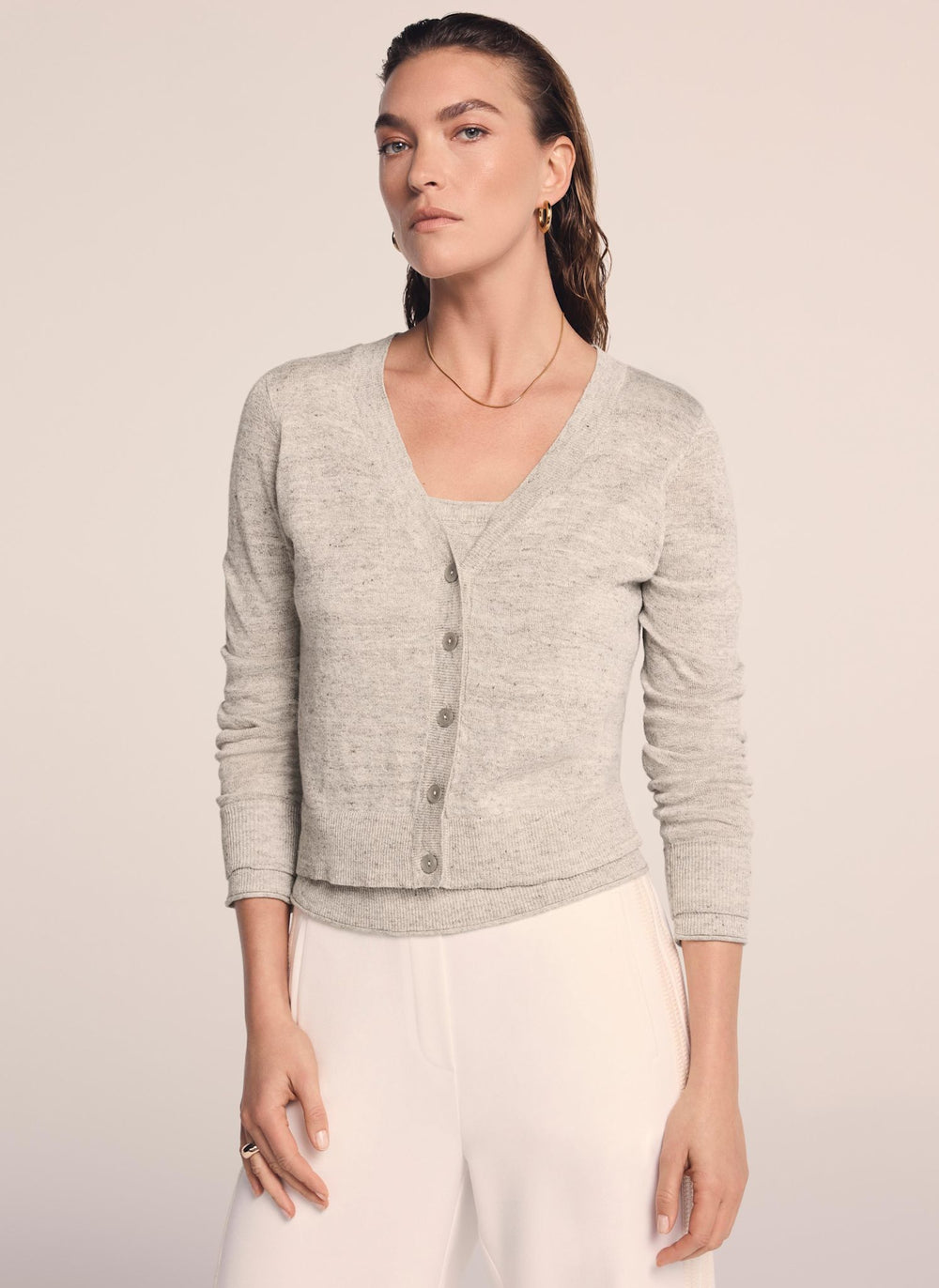 Neutral Linen Blend Layered Cardigan
