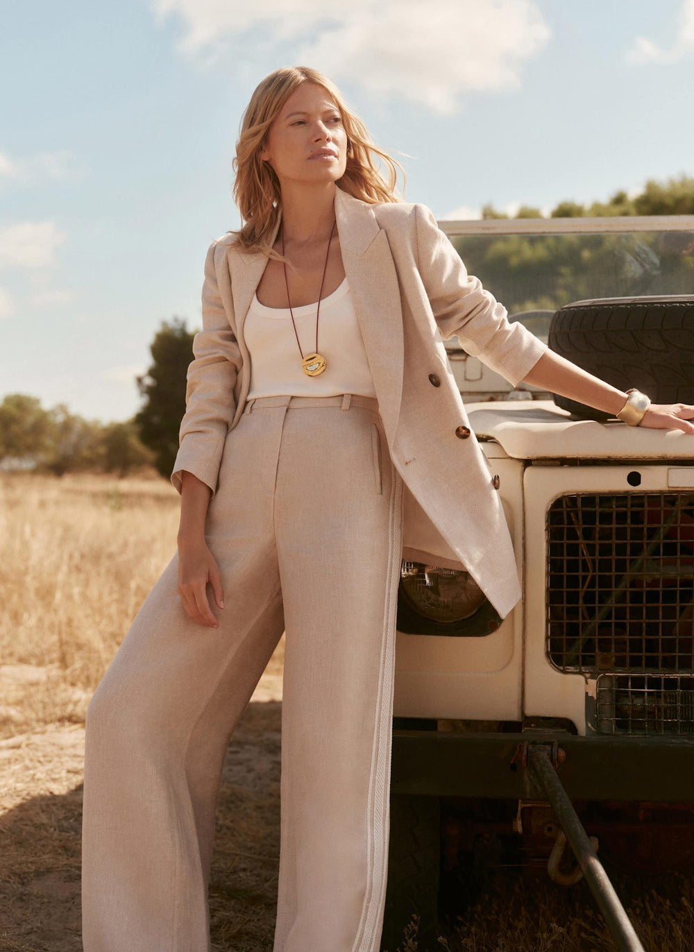 Neutral Linen Side Stripe Trousers