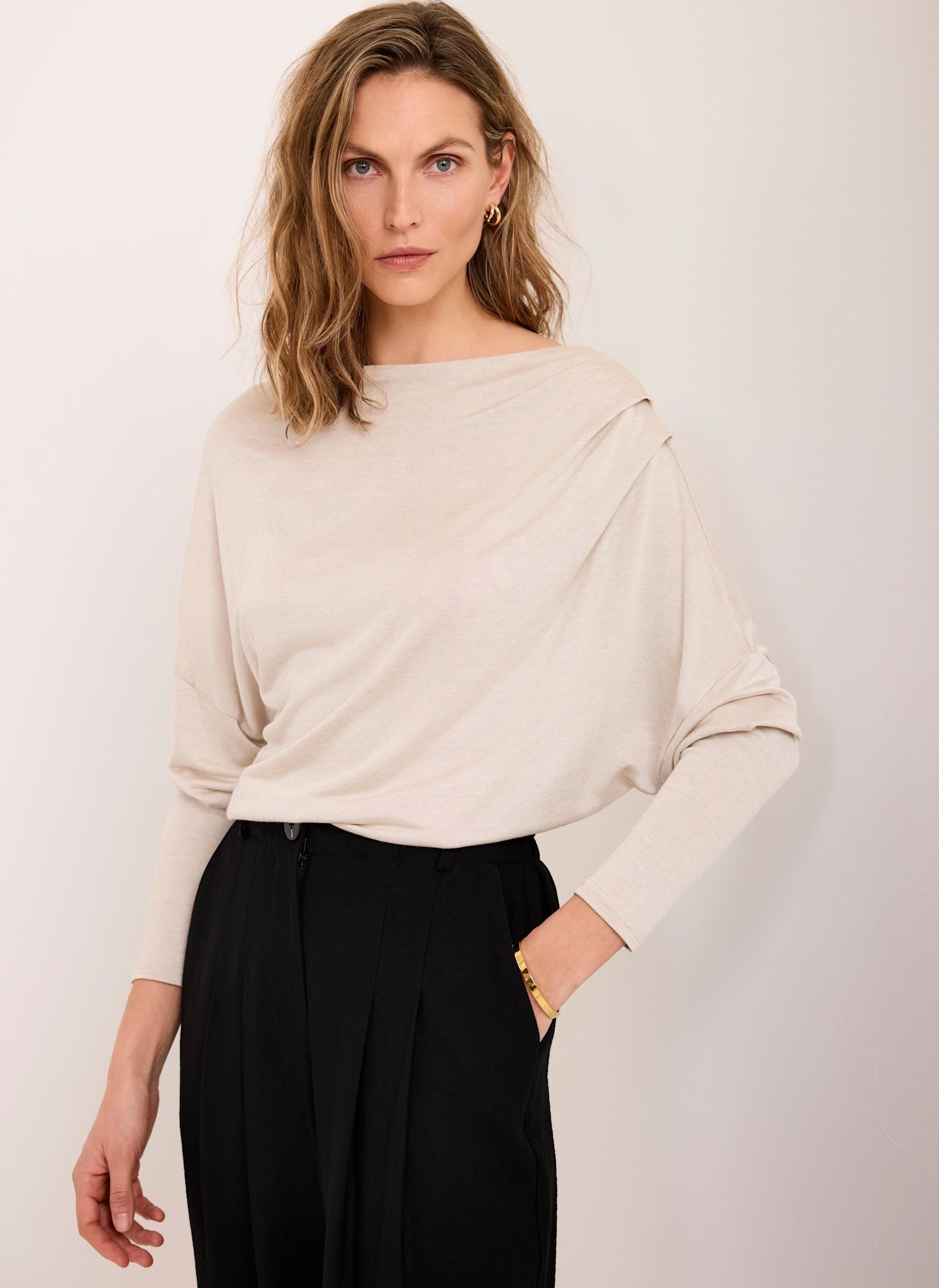 Neutral Metallic Ruched Long Sleeve Top – Mint Velvet