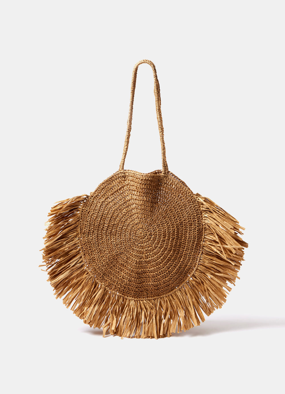 Neutral Circular Woven Fringe Bag