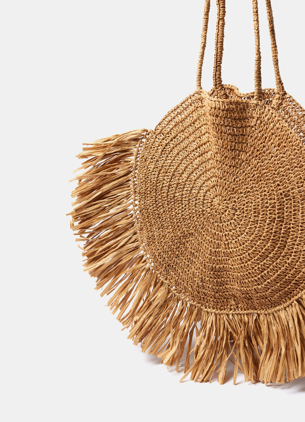 Neutral Circular Woven Fringe Bag