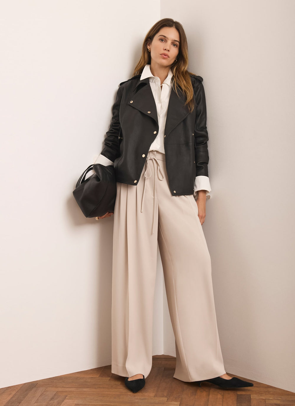Neutral Tie Waist Wide Trousers