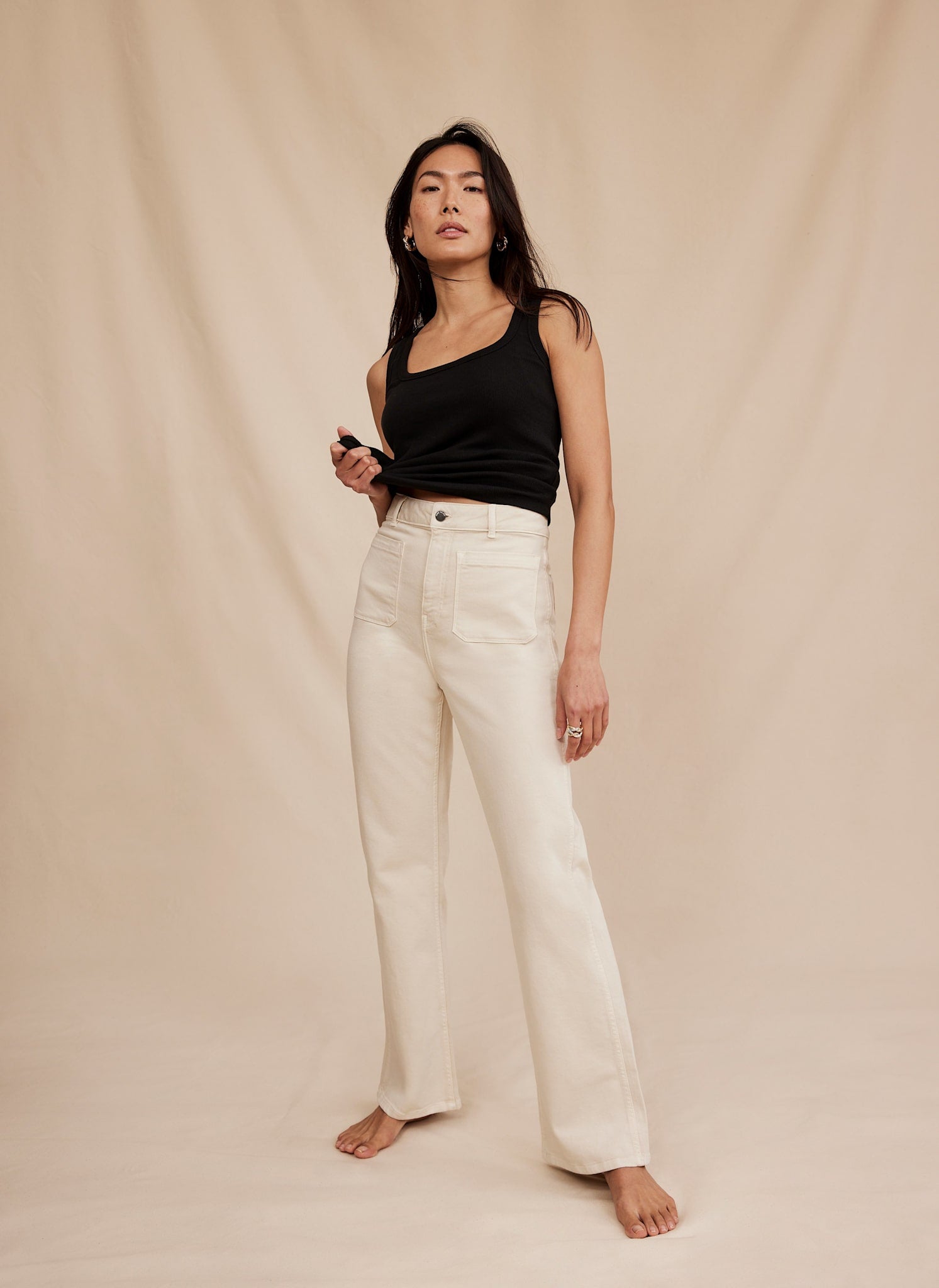 Neutral Relaxed Flare Patch Pocket Jeans