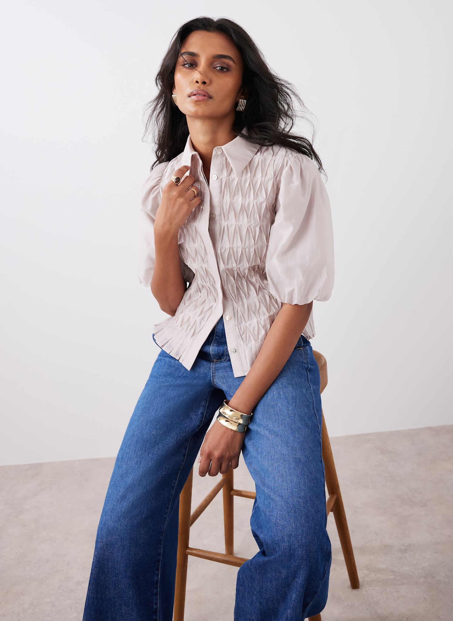 Neutral Puff Sleeve Smock Shirt – Mint Velvet