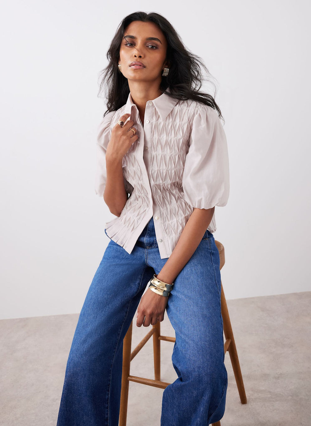 Neutral Puff Sleeve Smock Shirt