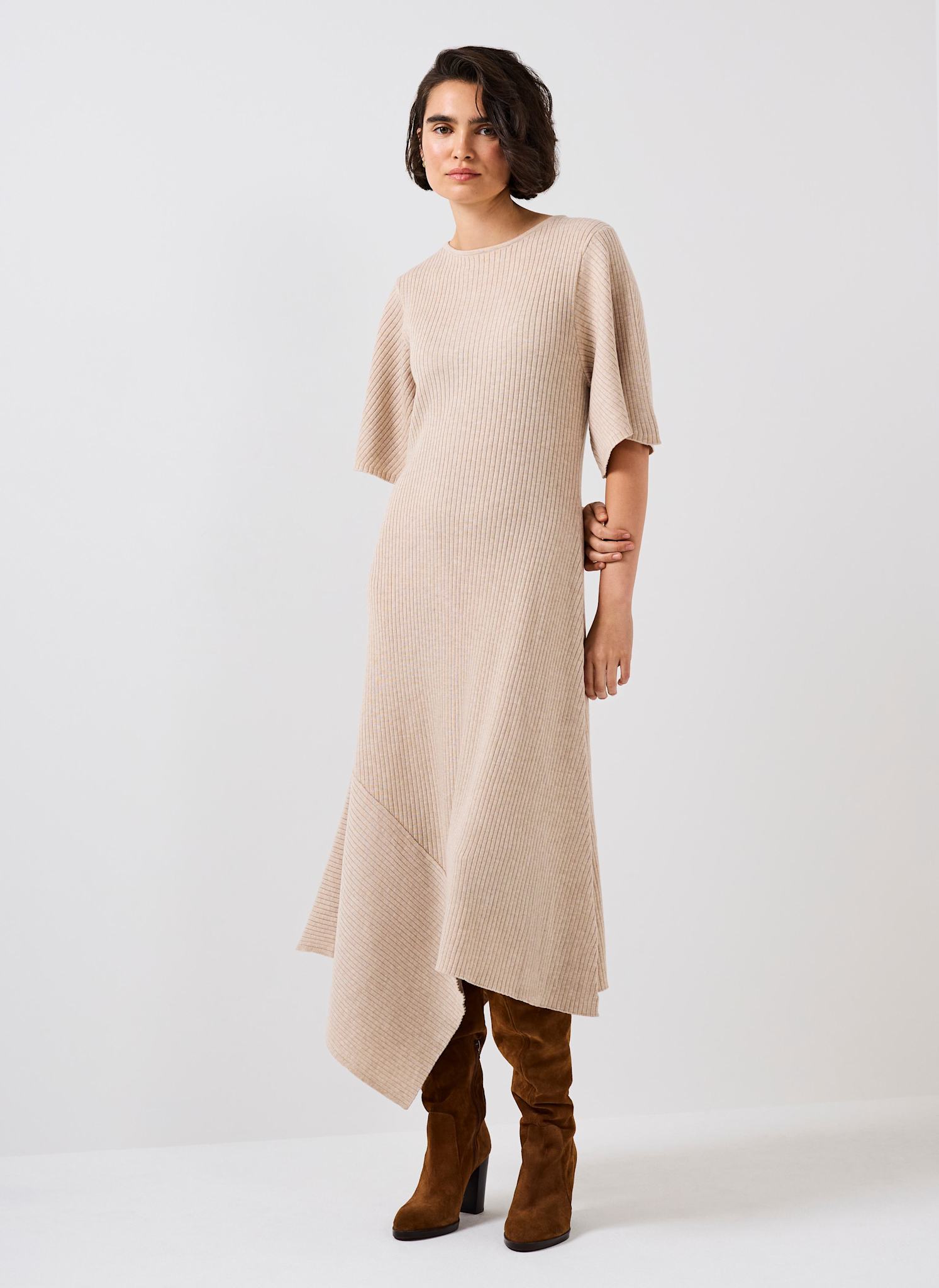 Neutral Rib Knit Asymmetric Dress – Mint Velvet