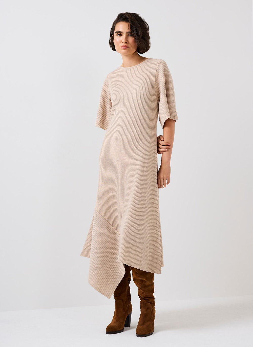 Neutral Rib Knit Asymmetric Dress