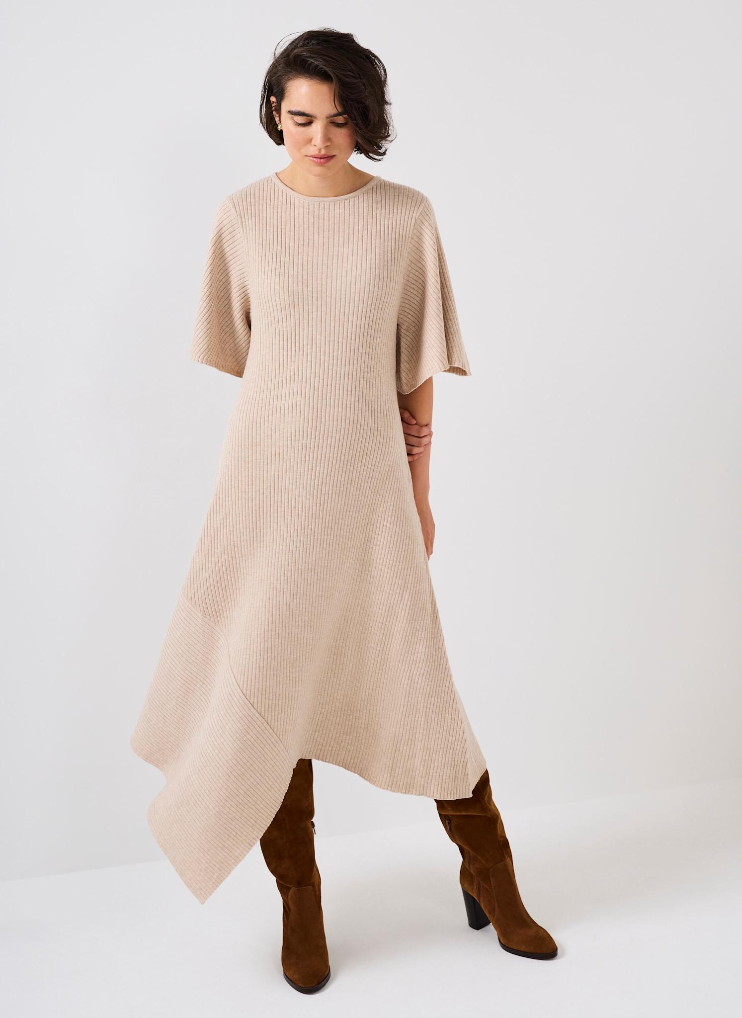 Neutral Rib Knit Asymmetric Dress – Mint Velvet