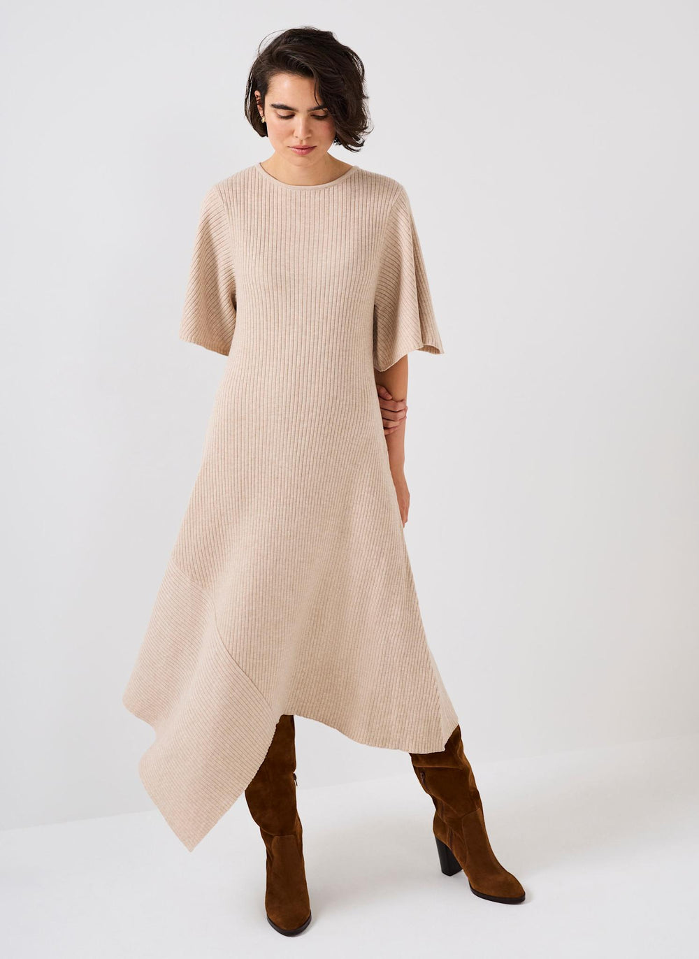 Neutral Rib Knit Asymmetric Dress