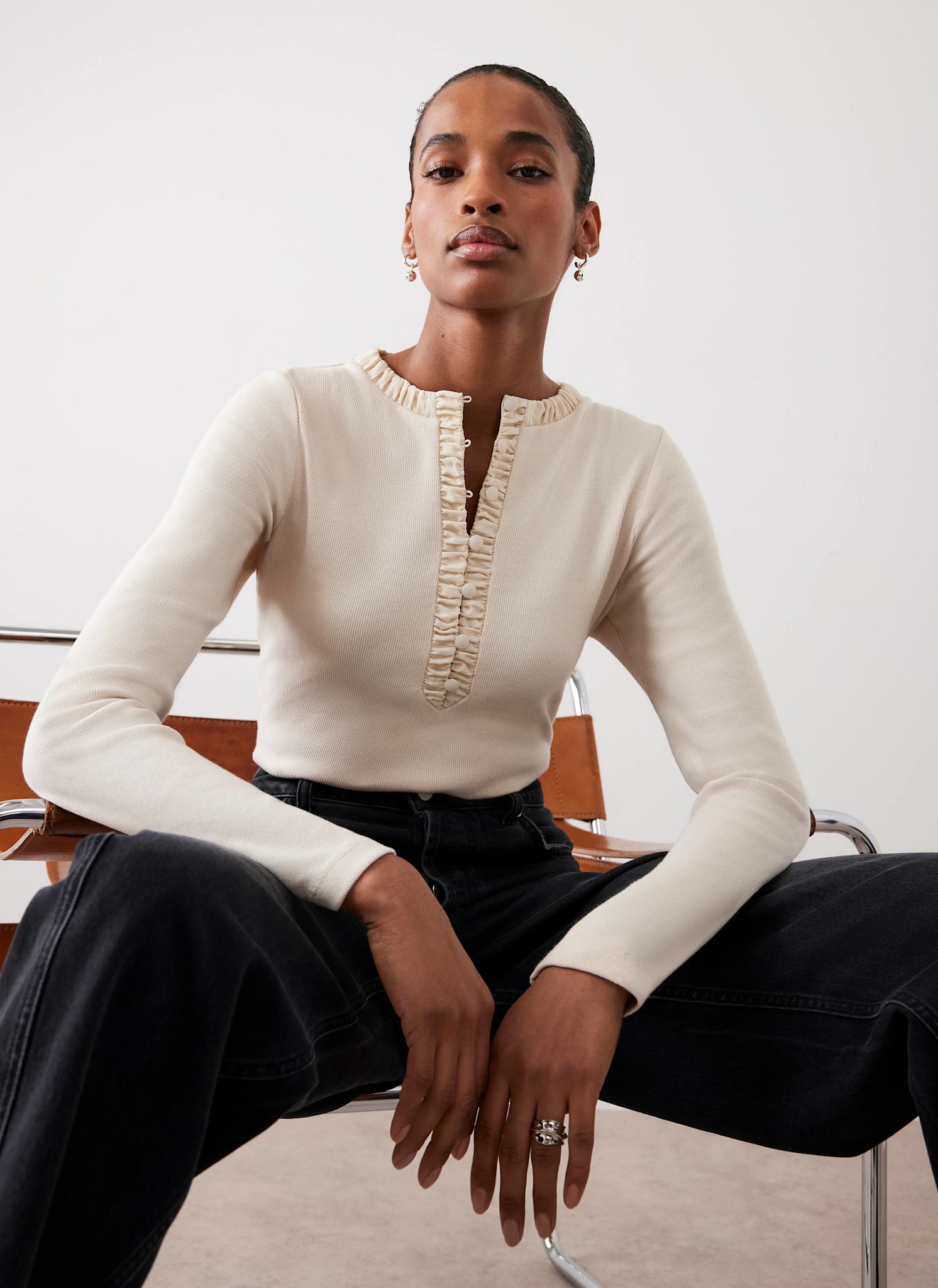 Neutral Ruched Cotton Blend Henley Top – Mint Velvet