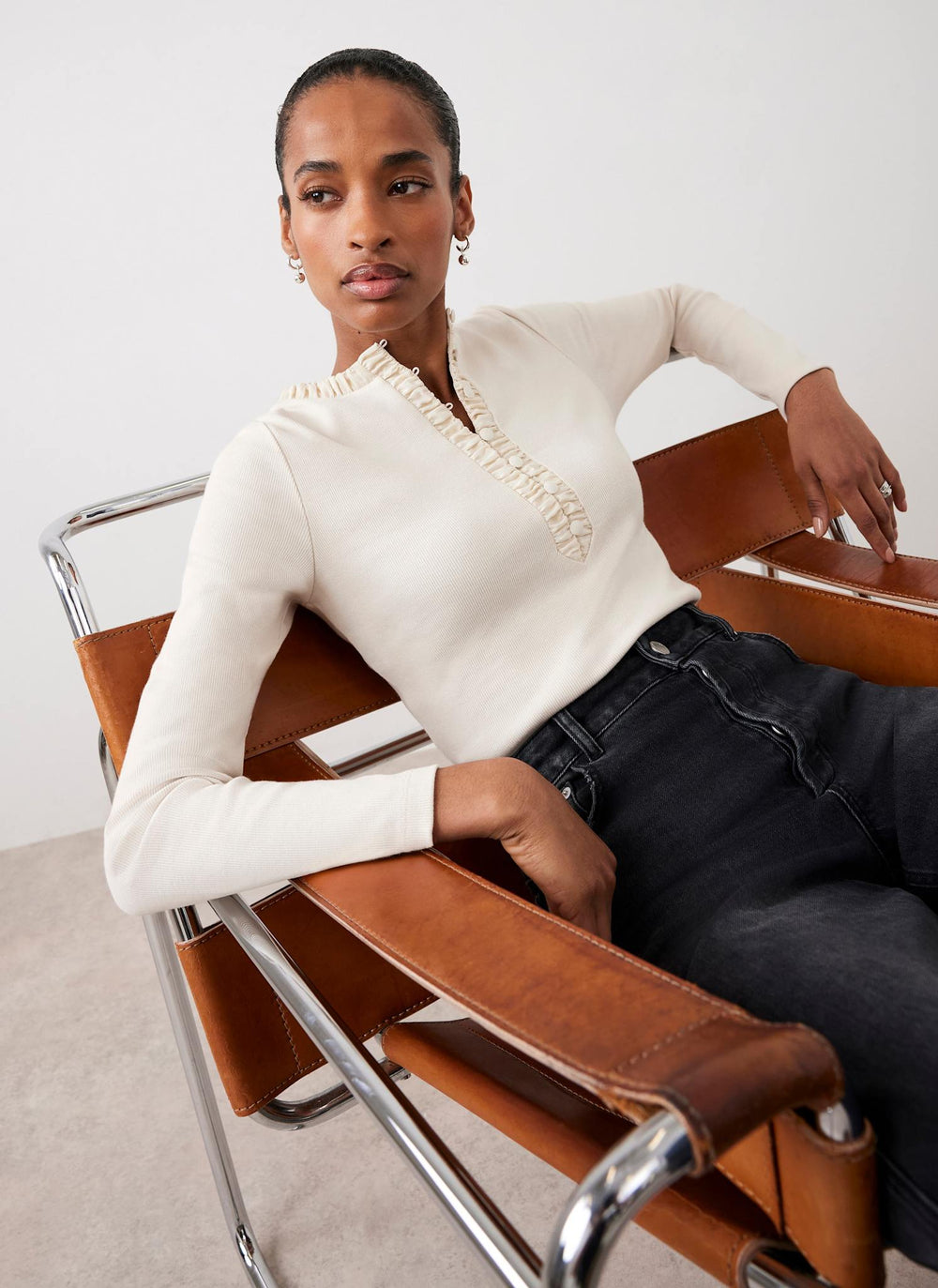 Neutral Ruched Cotton Blend Henley Top