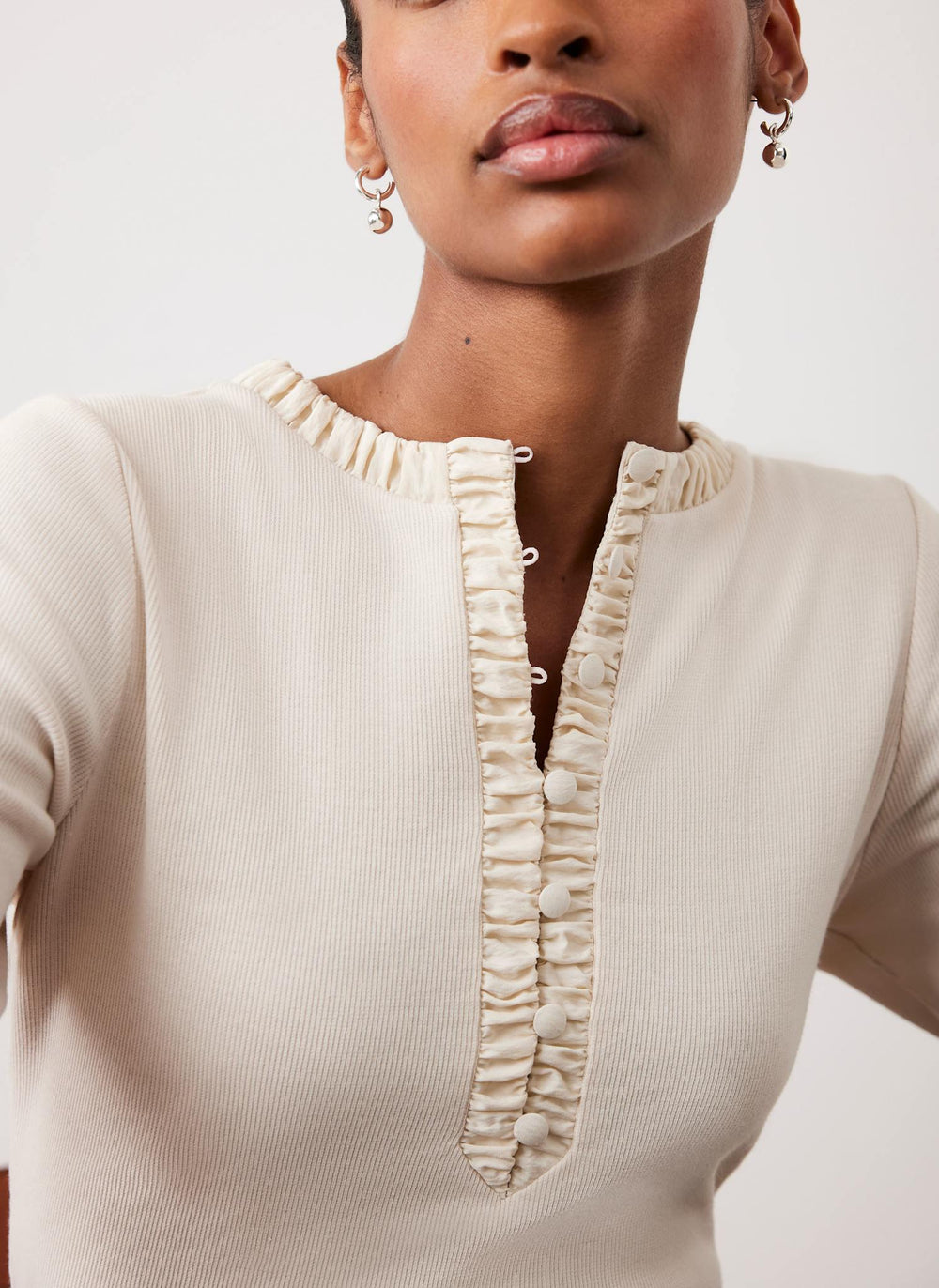 Neutral Ruched Cotton Blend Henley Top