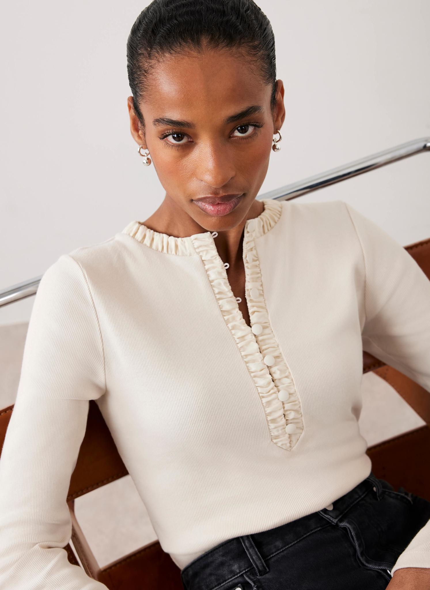 Neutral Ruched Cotton Blend Henley Top – Mint Velvet