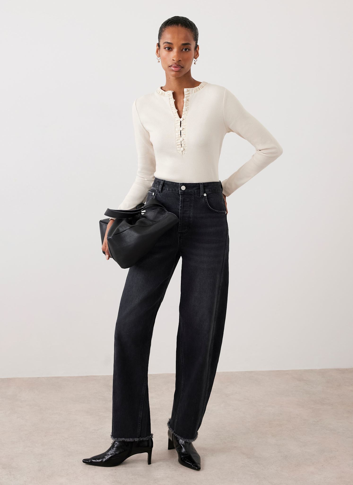 Neutral Ruched Cotton Blend Henley Top – Mint Velvet