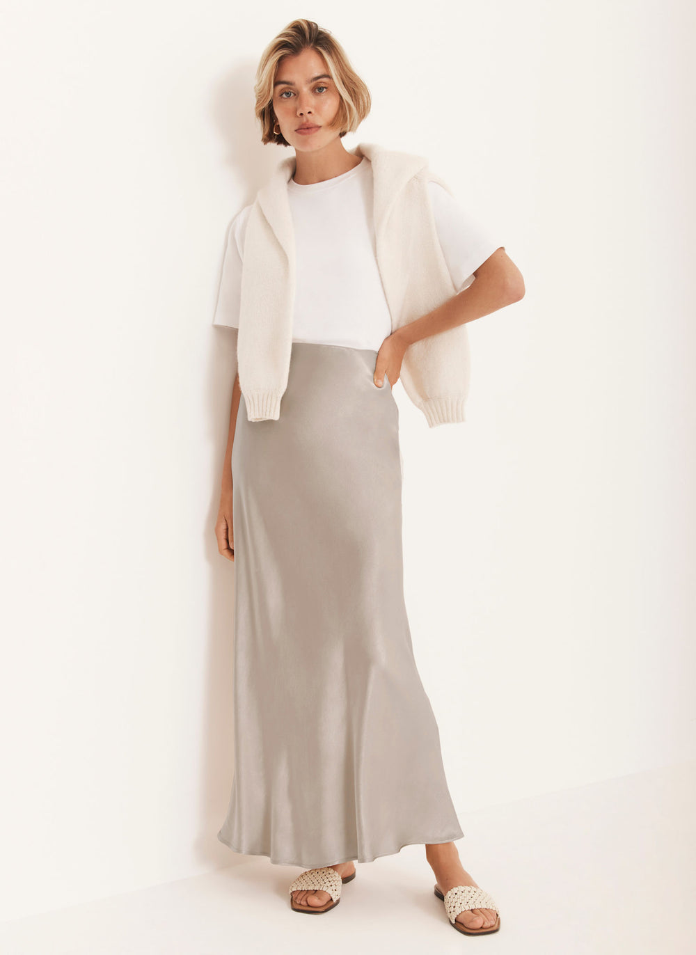 Neutral Satin Slip Midi Skirt