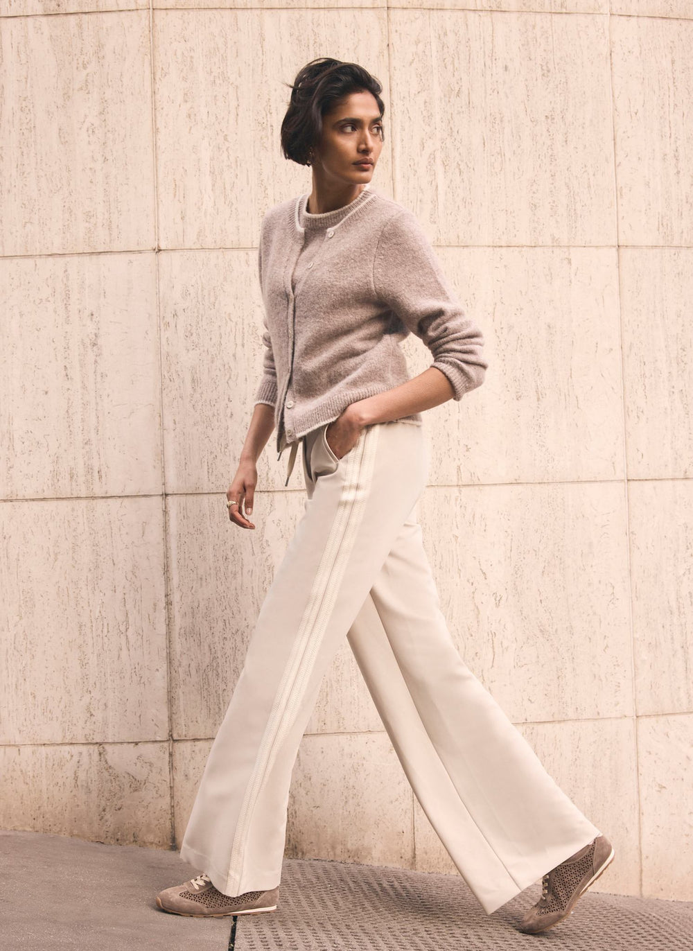 Neutral Crochet Side Stripe Wide Joggers