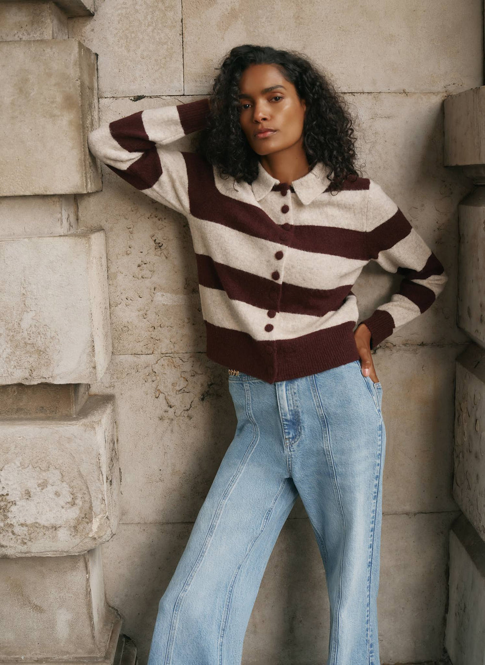 Burgundy Striped Knit Cardigan
