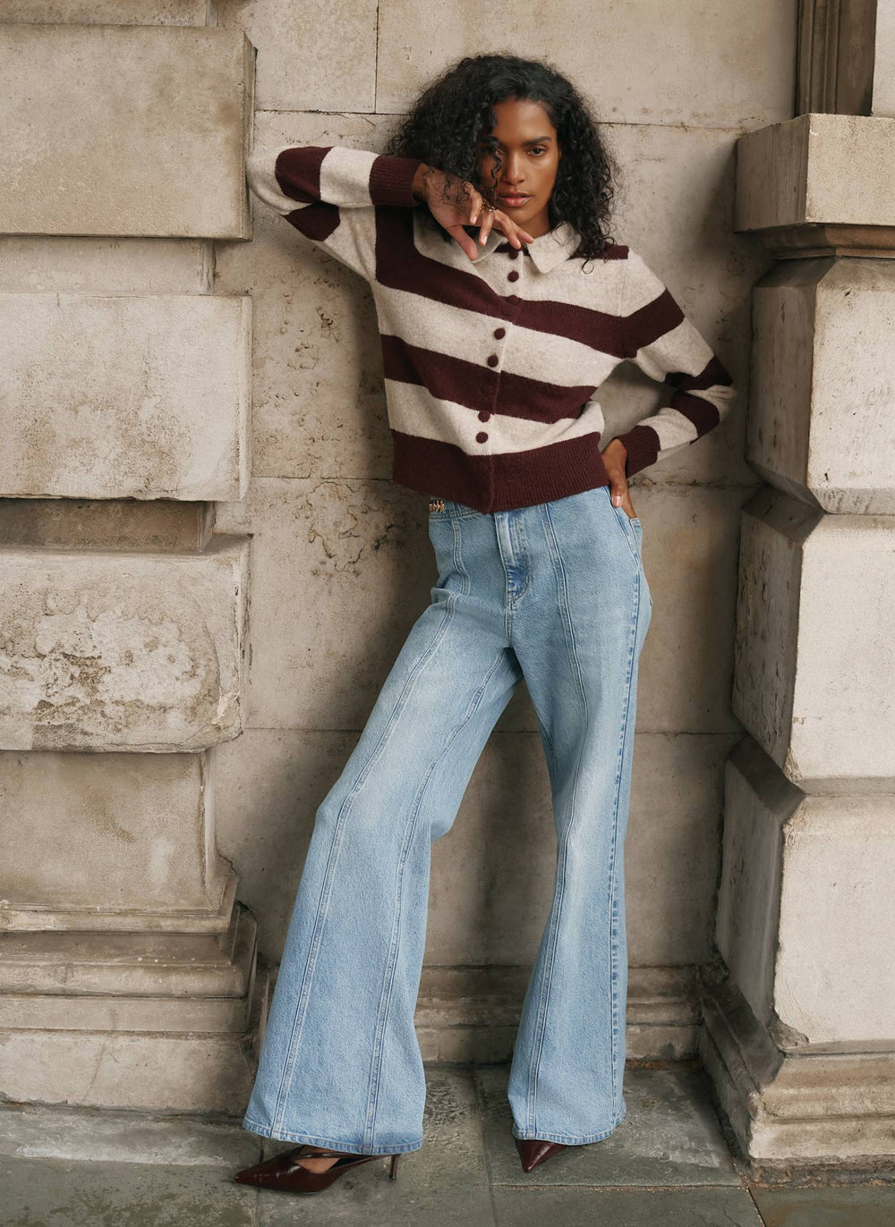Burgundy Striped Knit Cardigan
