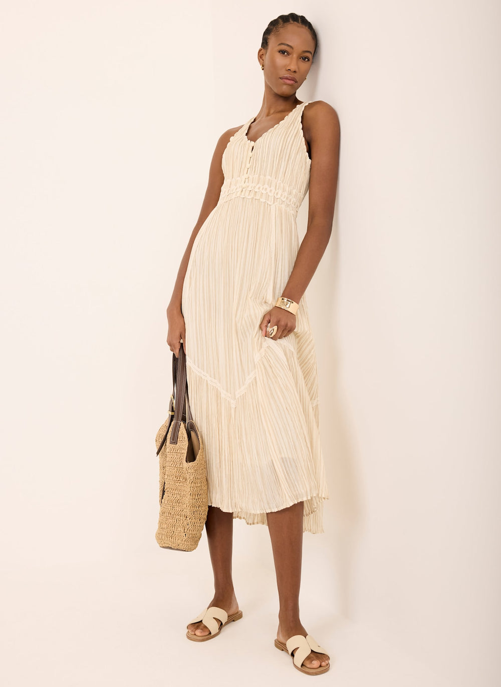Neutral Striped Cotton Midi Dress