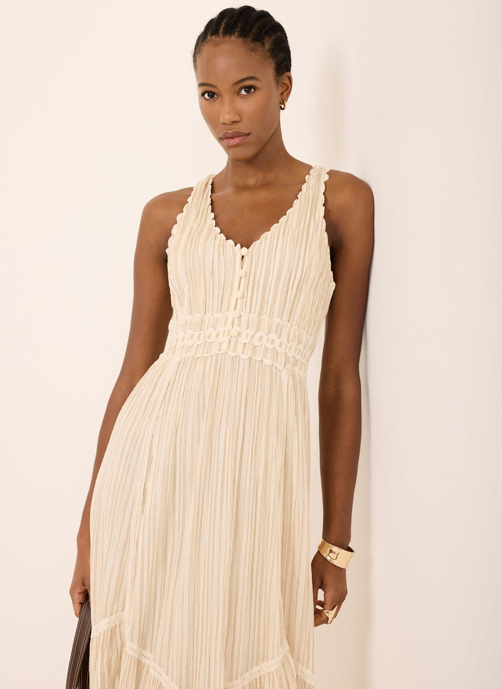 Mint Velvet Neutral Striped Cotton Midi Dress | Size 04 | Neutral | Sleeveless | Halter Neck Mint Velvet Neutral Striped Cotton Midi Dress | Size 04 | Neutral | Sleeveless | Halter Neck