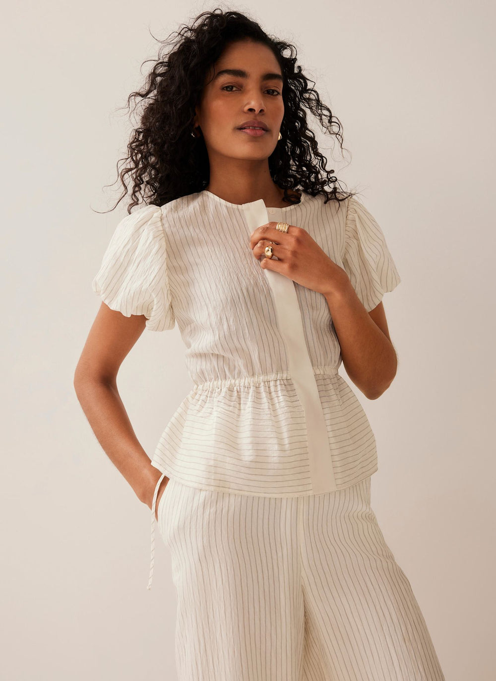 Neutral Stripe Peplum Top – Mint Velvet