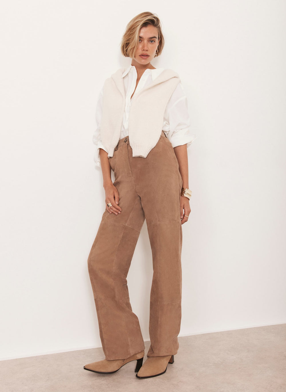 Neutral Suede Straight Trousers