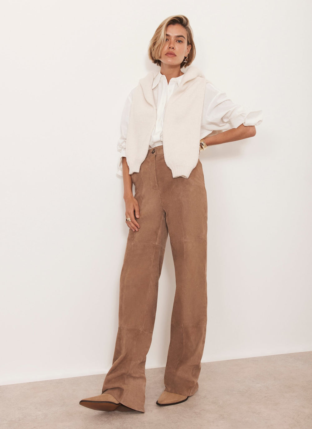Neutral Suede Straight Trousers