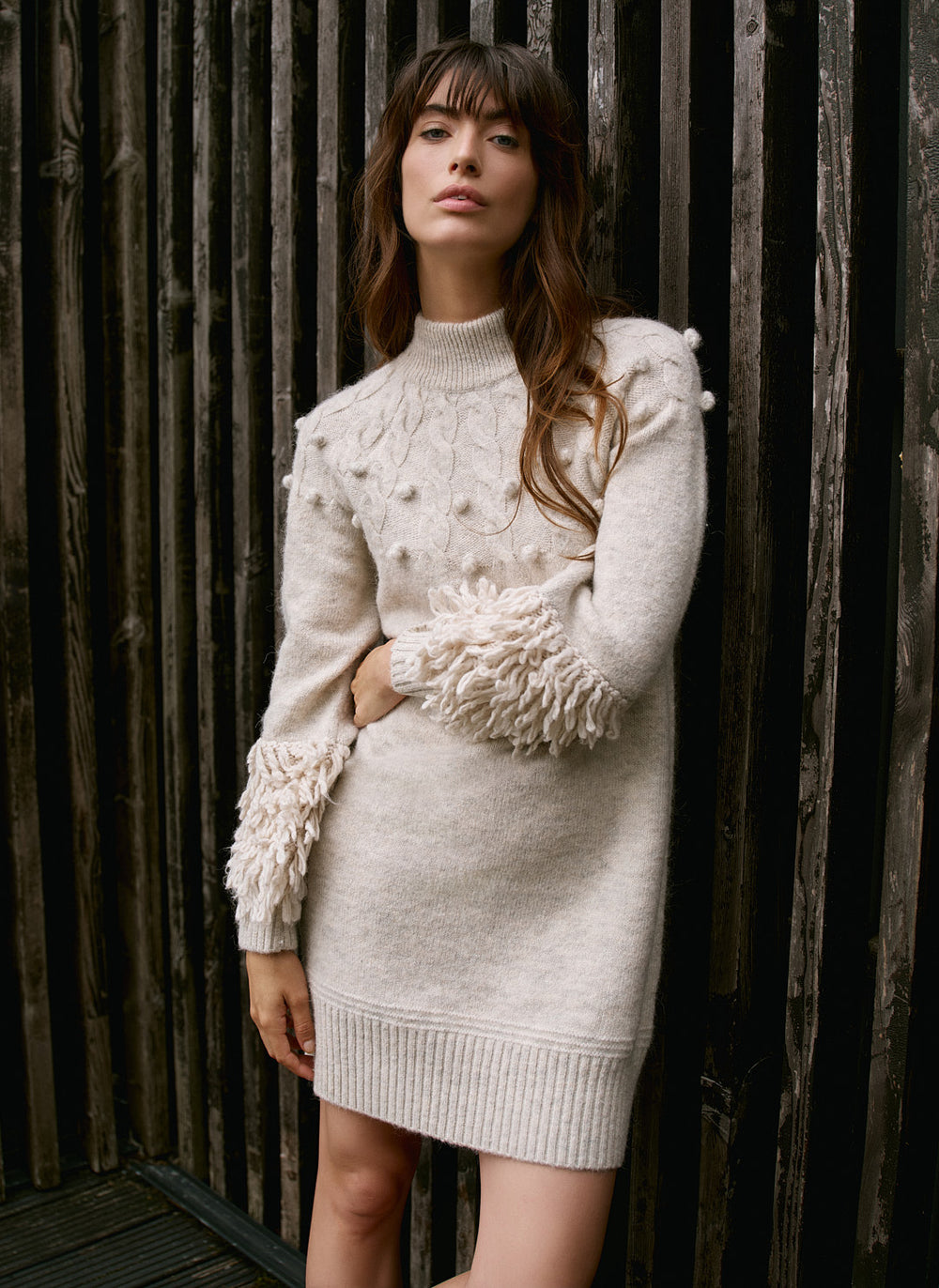 Neutral Textured Wool Blend Knit Mini Dress