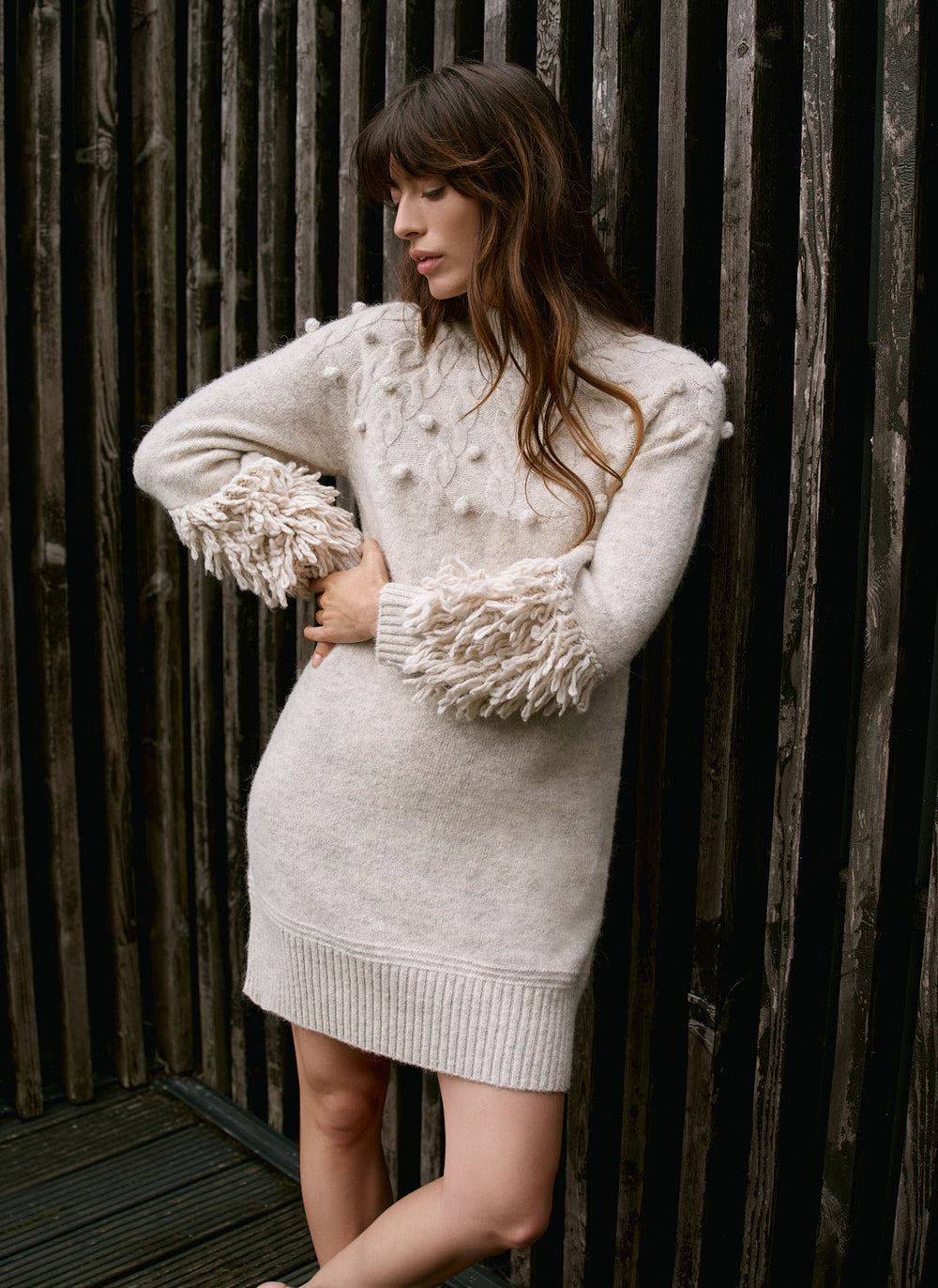 Neutral Textured Wool Blend Knit Mini Dress