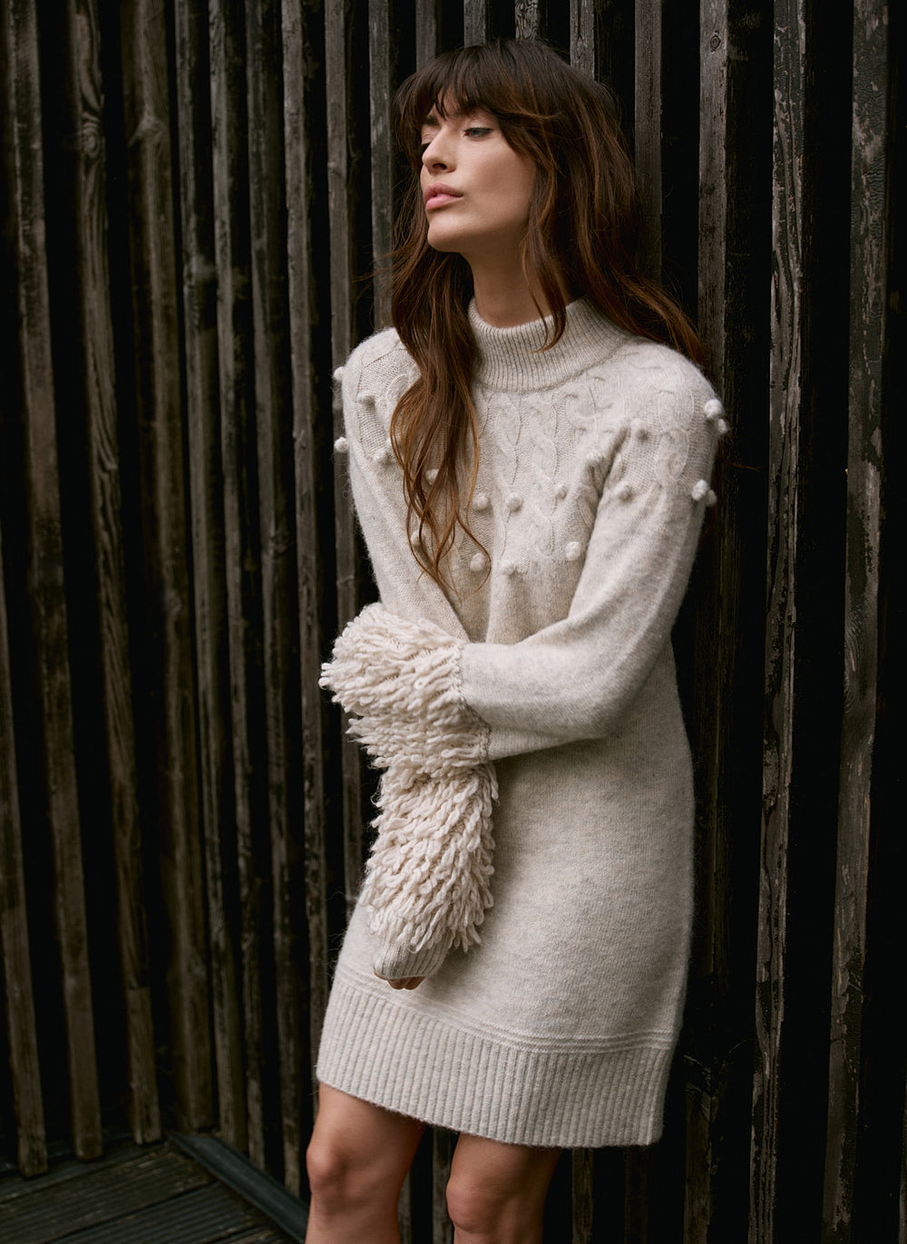 Neutral Textured Wool Blend Knit Mini Dress