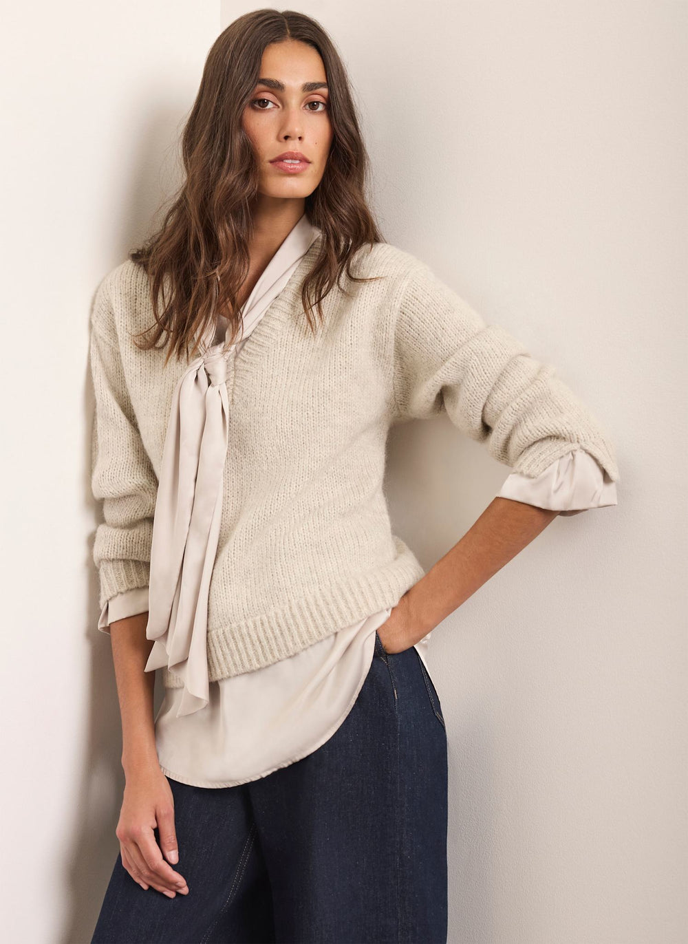 Neutral Scarf Detail Knit Jumper