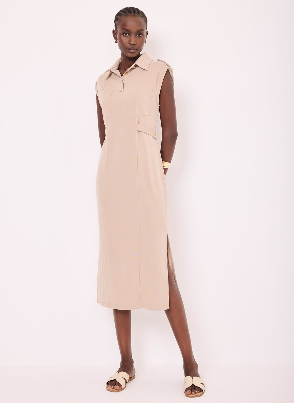 Mint Velvet Neutral Jersey Utility Midi Dress | Size XS | Neutral