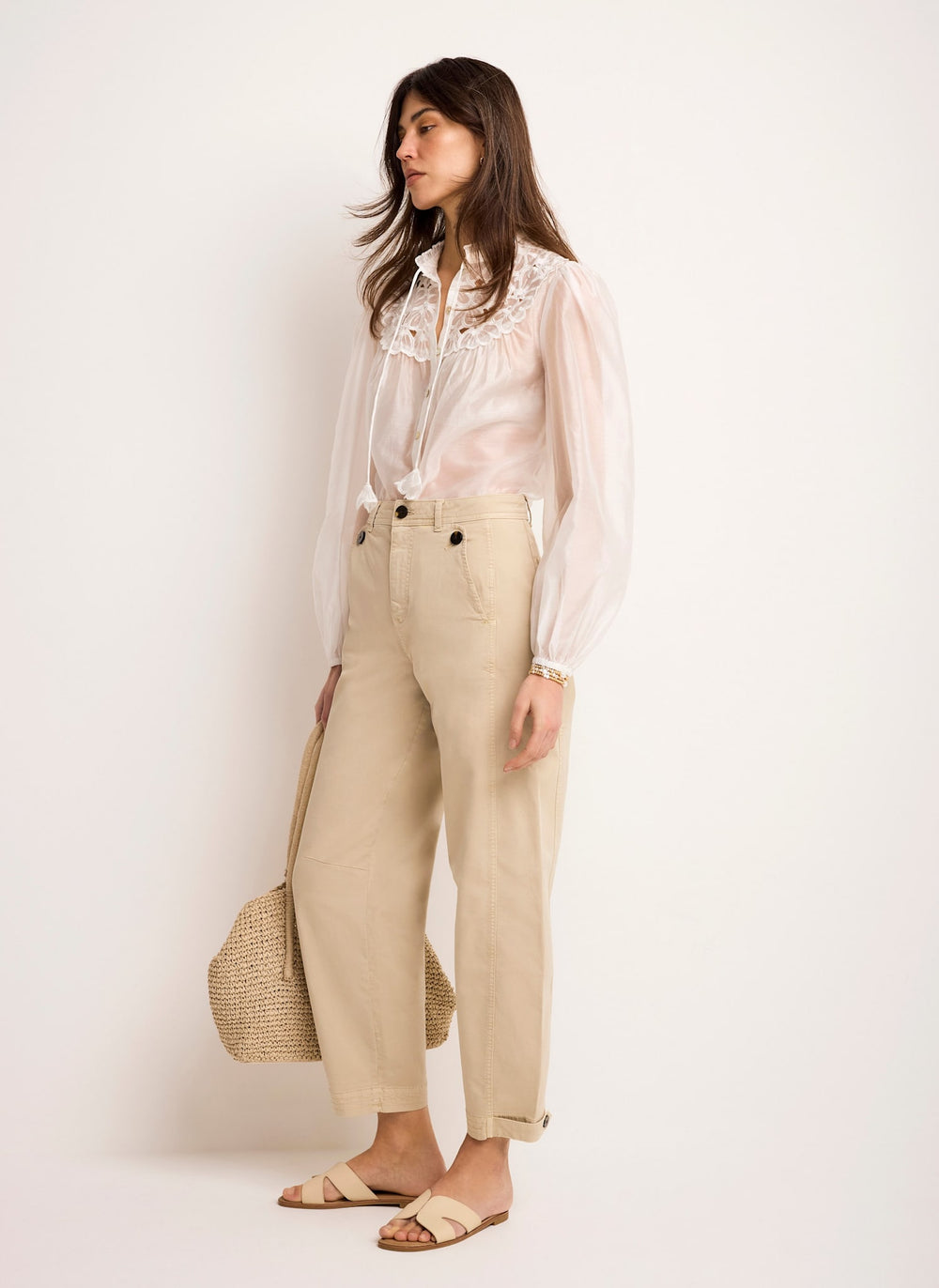 Neutral Washed Barrel Leg Chino Trousers