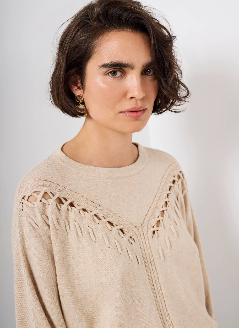 Neutral Cotton Blend Stitch Detail Jumper