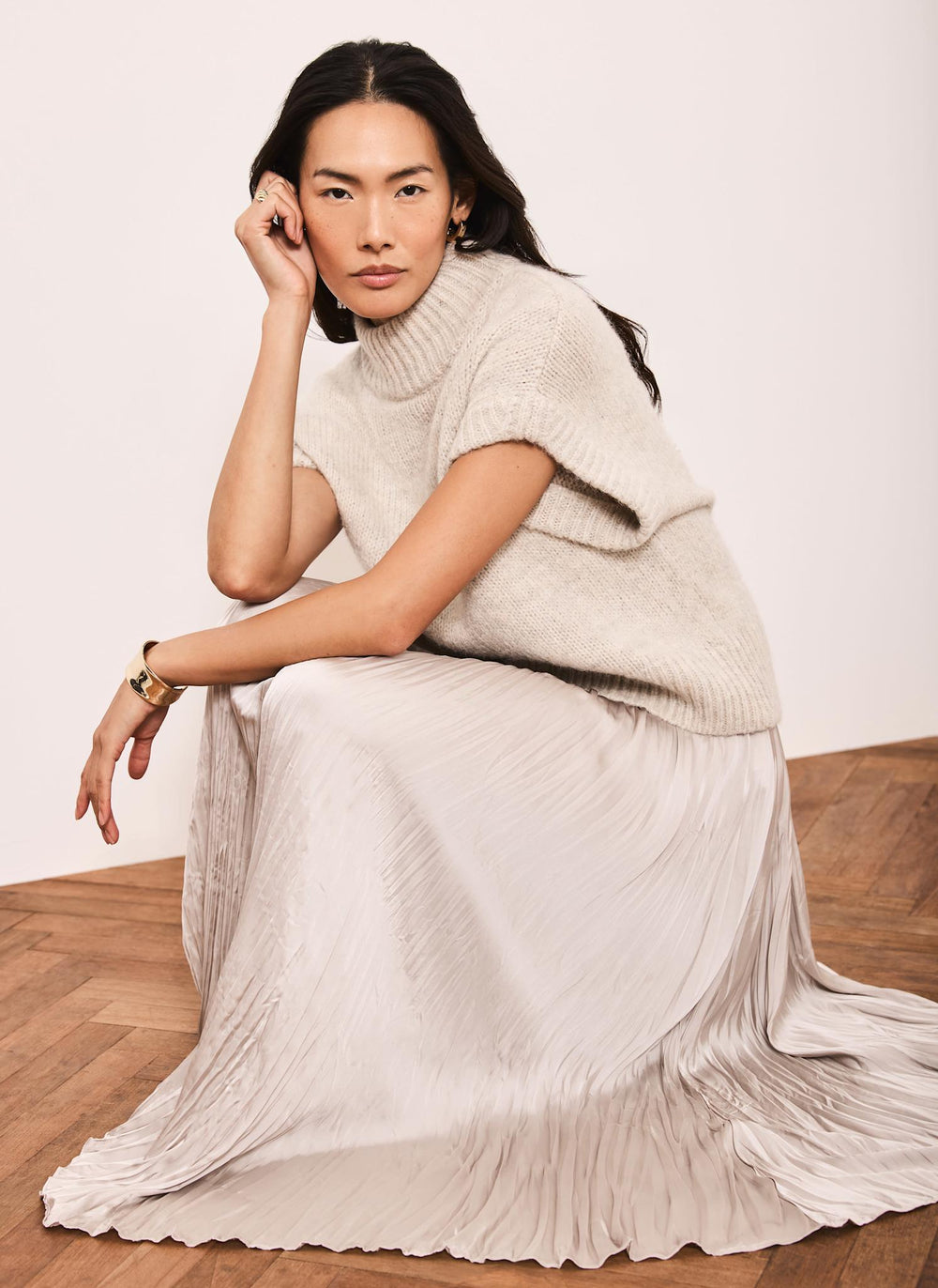 Neutral Wool Blend Layered Maxi Dress